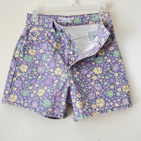NEW! ZARA Floral High Waisted Denim 70s Shorts Lilac, Size US 04 (EU 36) - Picture 8 of 16